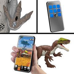 Mattel Jurassic World Rebirth Tyrannotitian AR scan unlocks digital features.