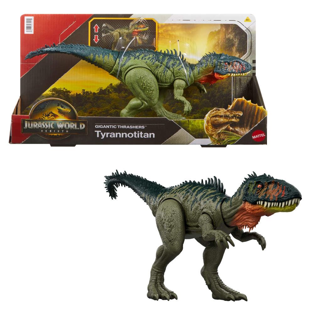 Mattel Jurassic World Rebirth Tyrannotitian tail-attack for energetic action-packed play.