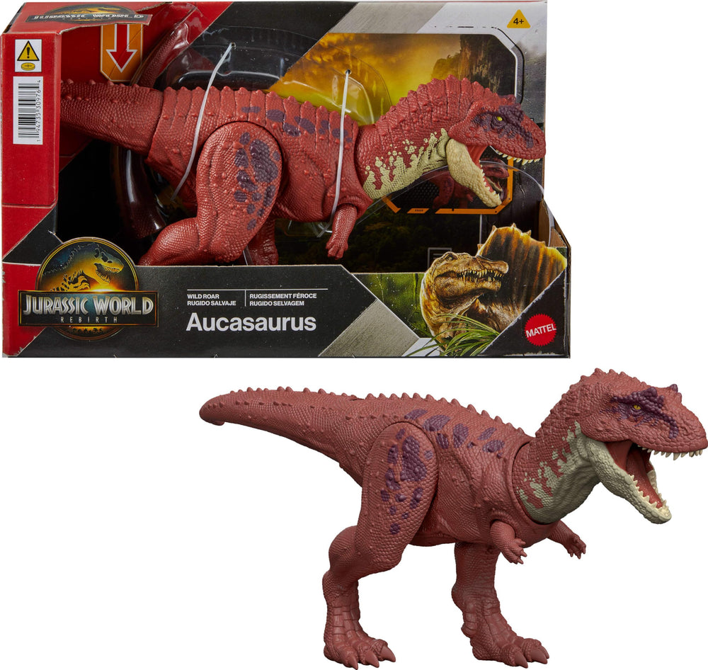 Mattel Jurassic World Rebirth Wild Roar Aucasaurus tail chomp action for dynamic battle play