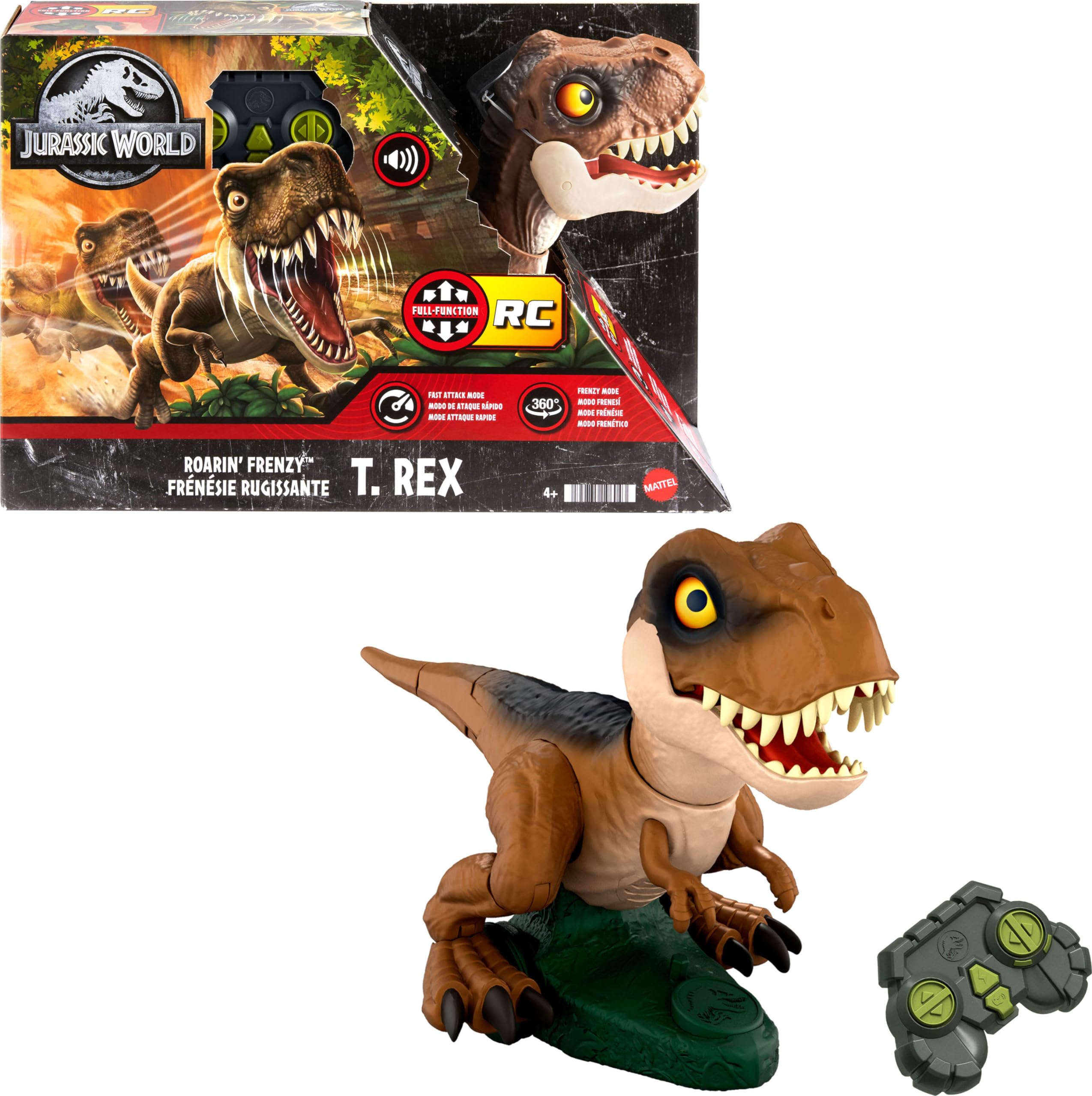 Mattel Jurassic World Roarin Frenzy T Rex RC dinosaur in action for dynamic chase play