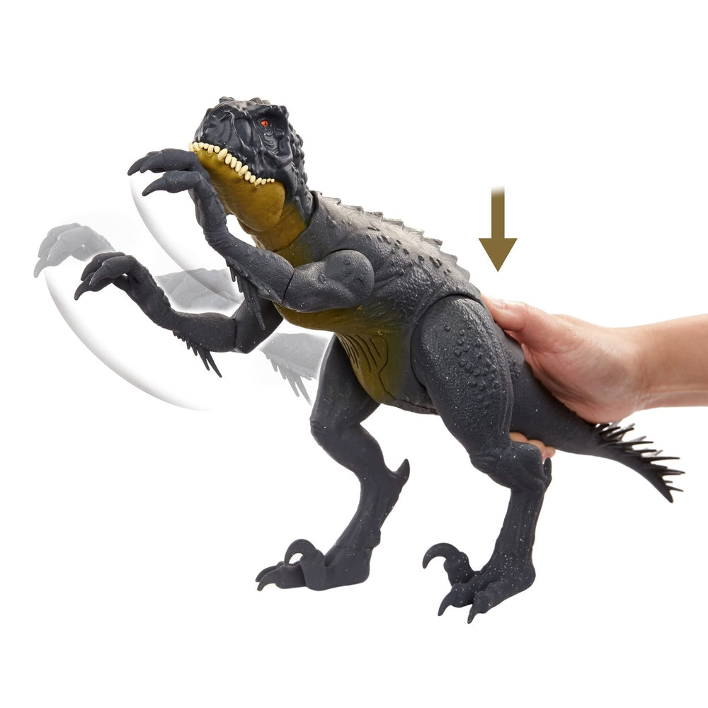 Mattel Jurassic World Scorpios Rex larger size boosts visual impact during play.