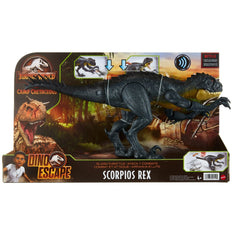 Mattel Jurassic World Scorpios Rex spring-loaded tail attack adds dynamic element.