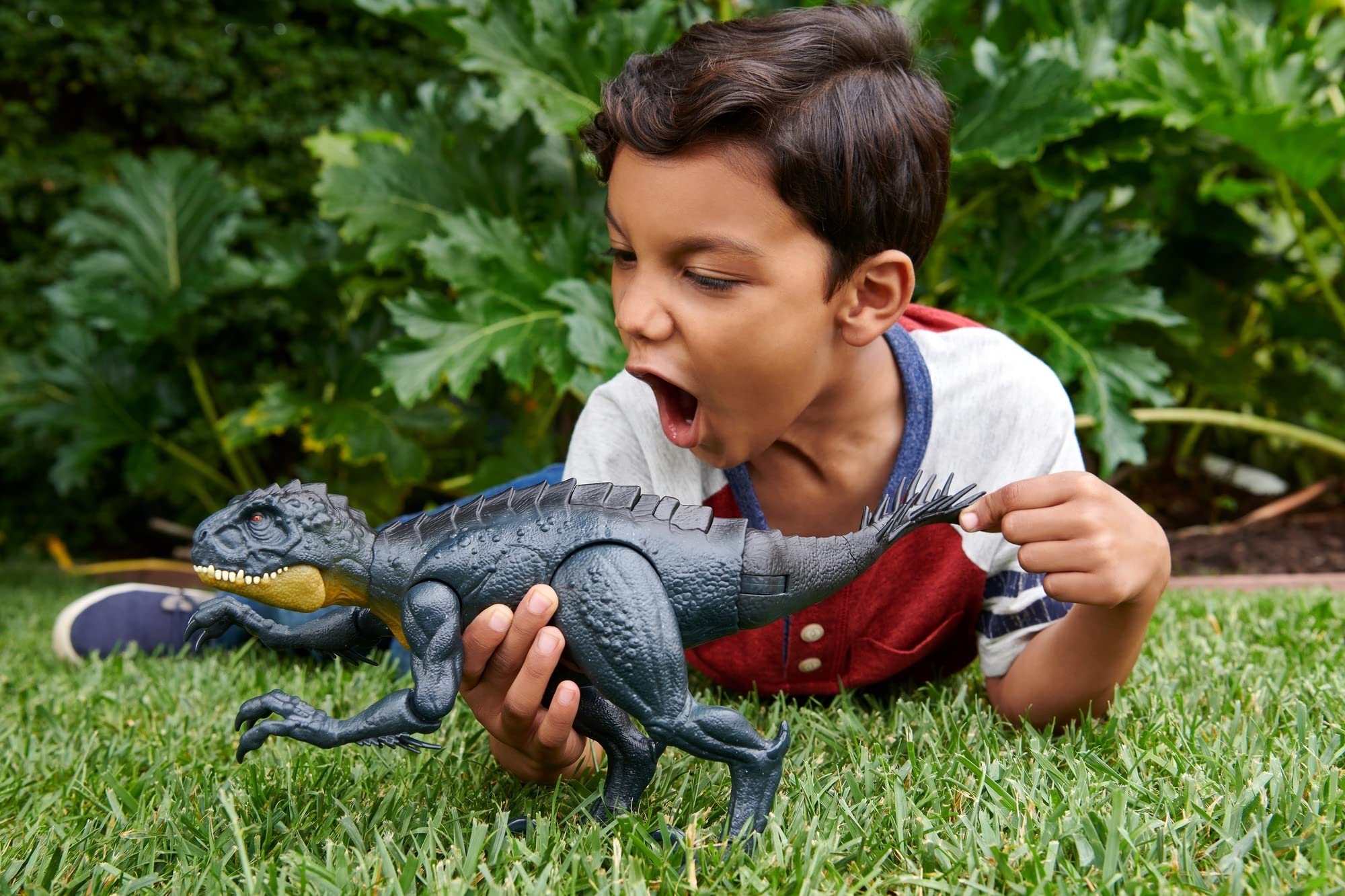 Mattel Jurassic World Scorpios Rex tail whip adds surprising movement during play.