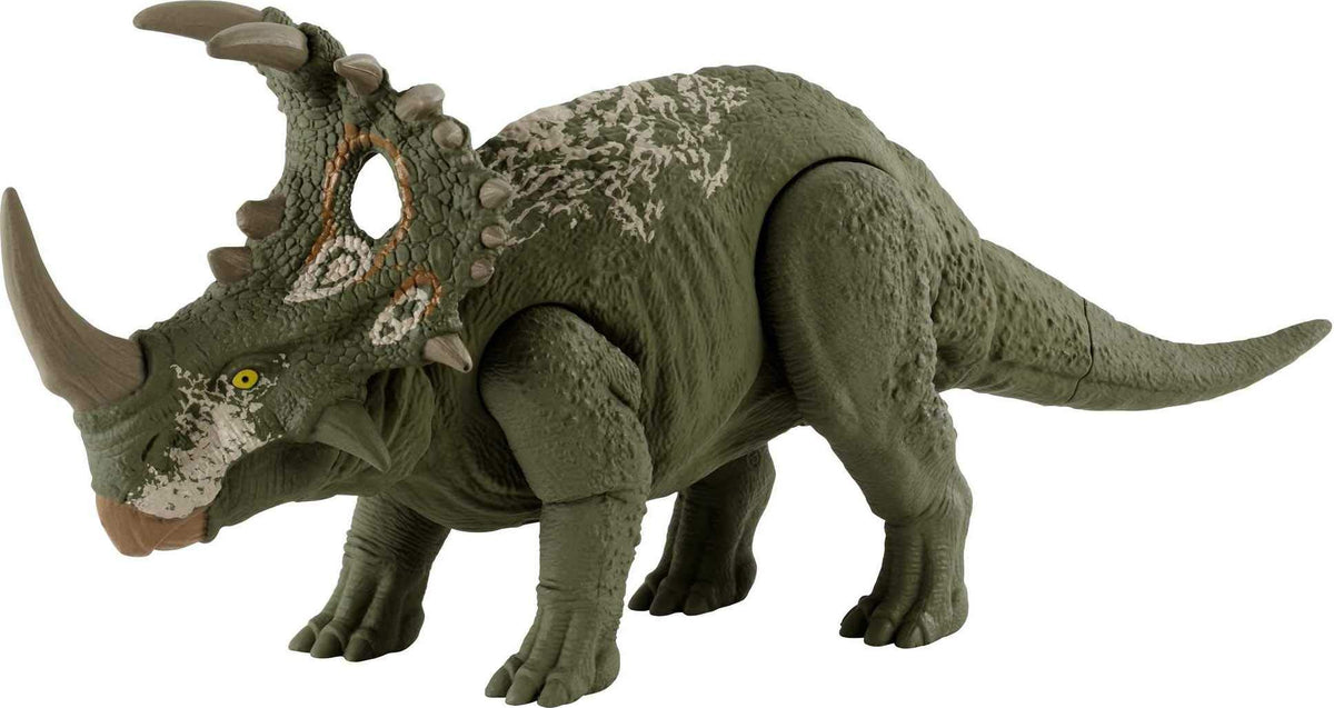 Mattel Jurassic World Sound Strike dinosaur figure, front view, realistic movement for battle play.