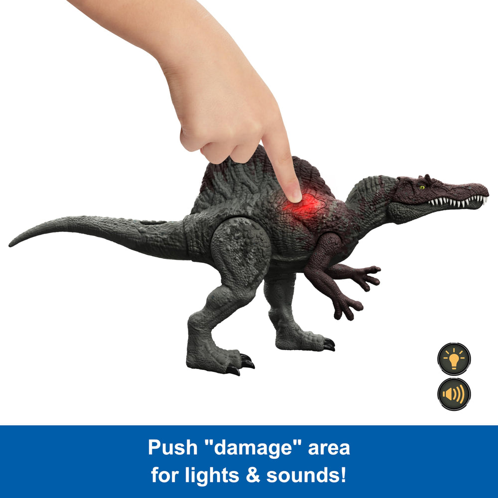 Mattel Jurassic World Spinosaurus escalating damage with lights and sounds.