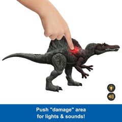 Mattel Jurassic World Spinosaurus escalating damage with lights and sounds.