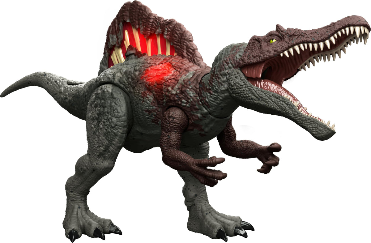Mattel Jurassic World Spinosaurus damage panel lights illuminate battle-ready features.
