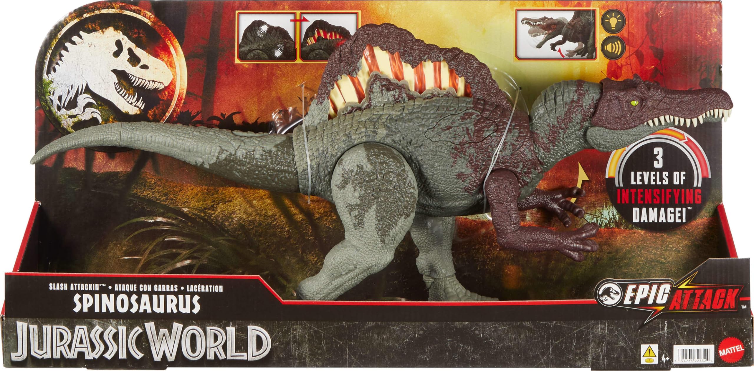 Mattel Jurassic World Spinosaurus Destruction Mode enables rampage play.