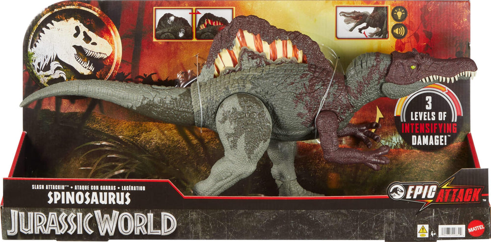 Mattel Jurassic World Spinosaurus Destruction Mode enables rampage play.