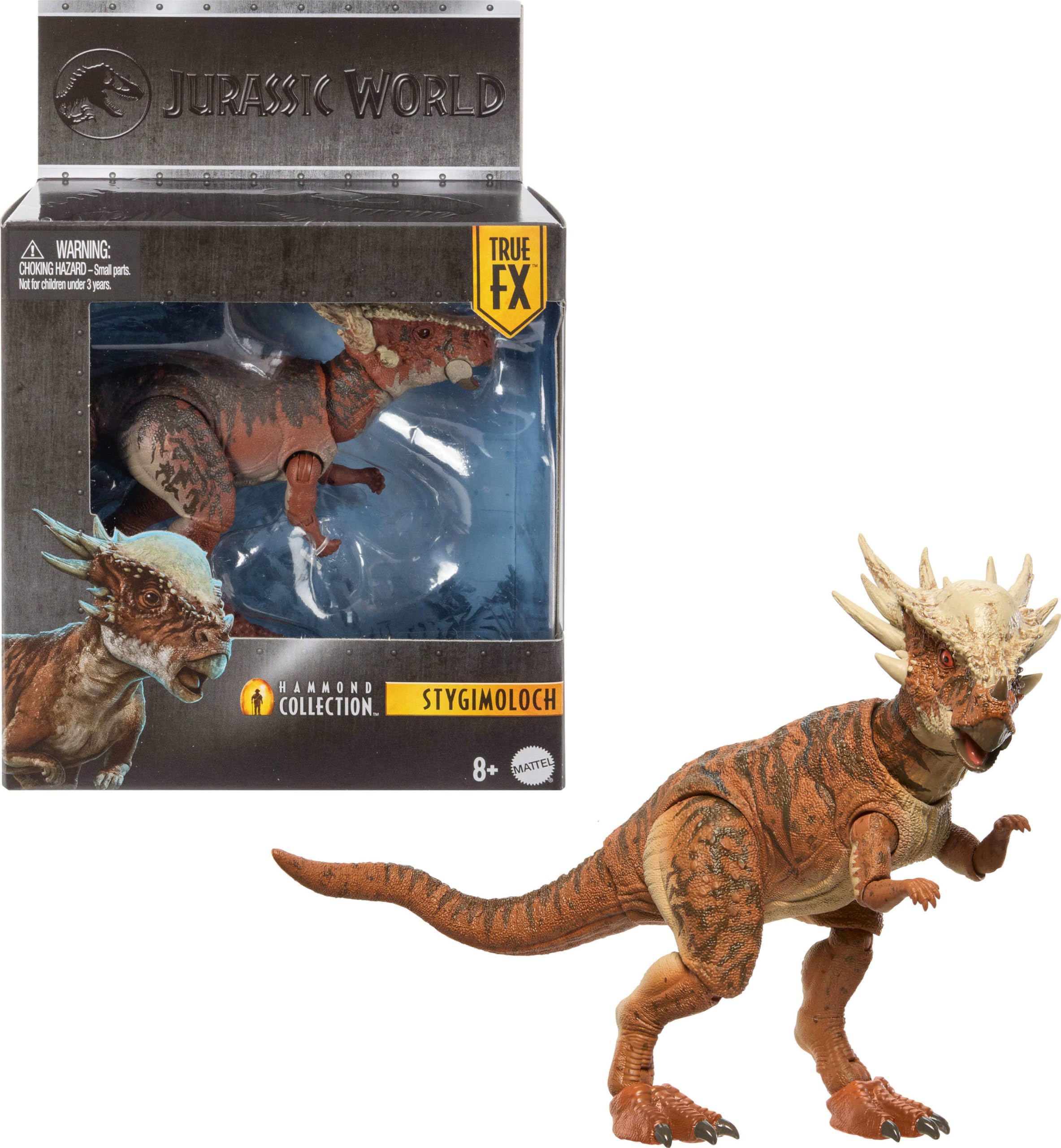 Mattel Jurassic World Stygimoloch figure with glass eyes for dramatic display.