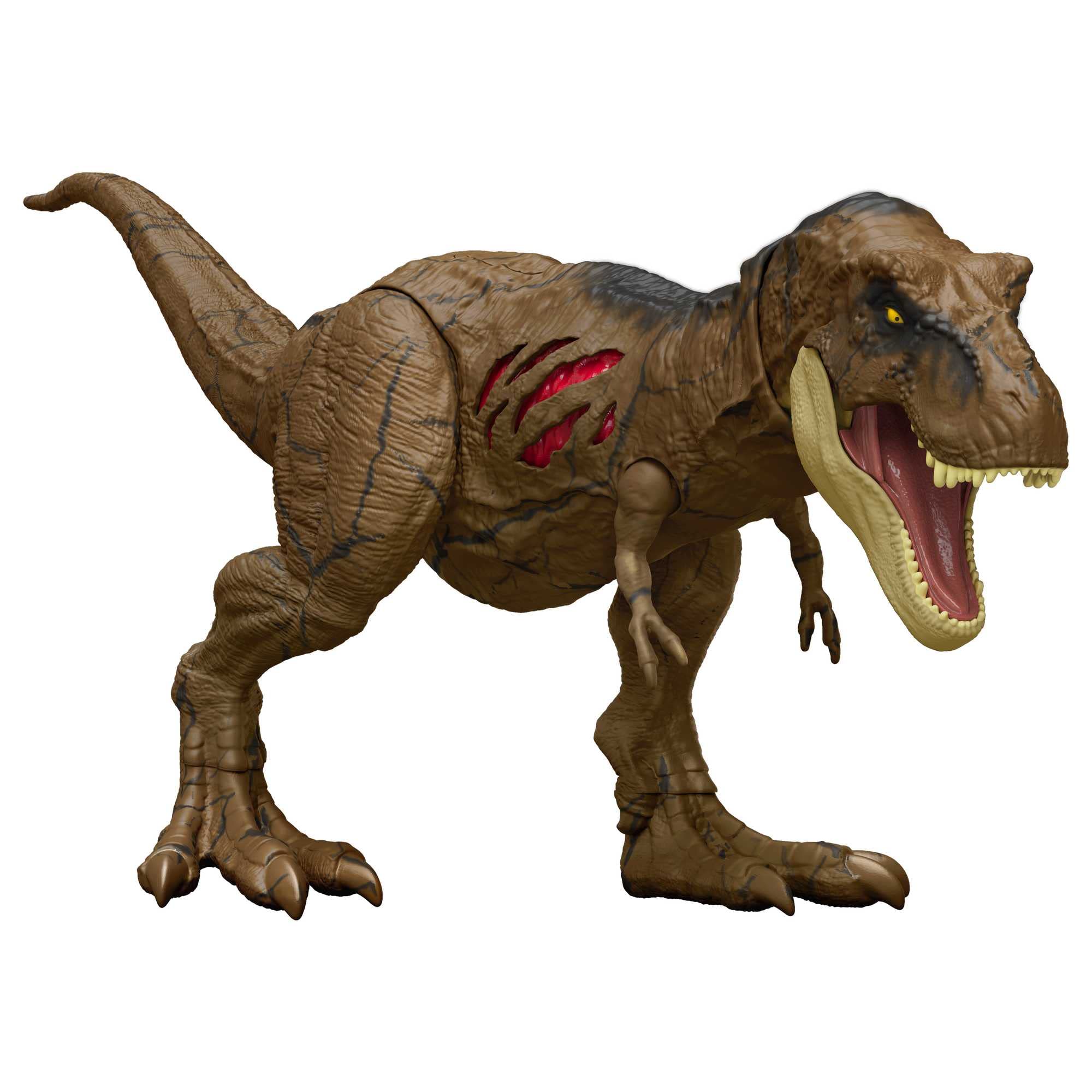 Mattel Jurassic World T-Rex destruction figure with dramatic battle damage for imaginative play.