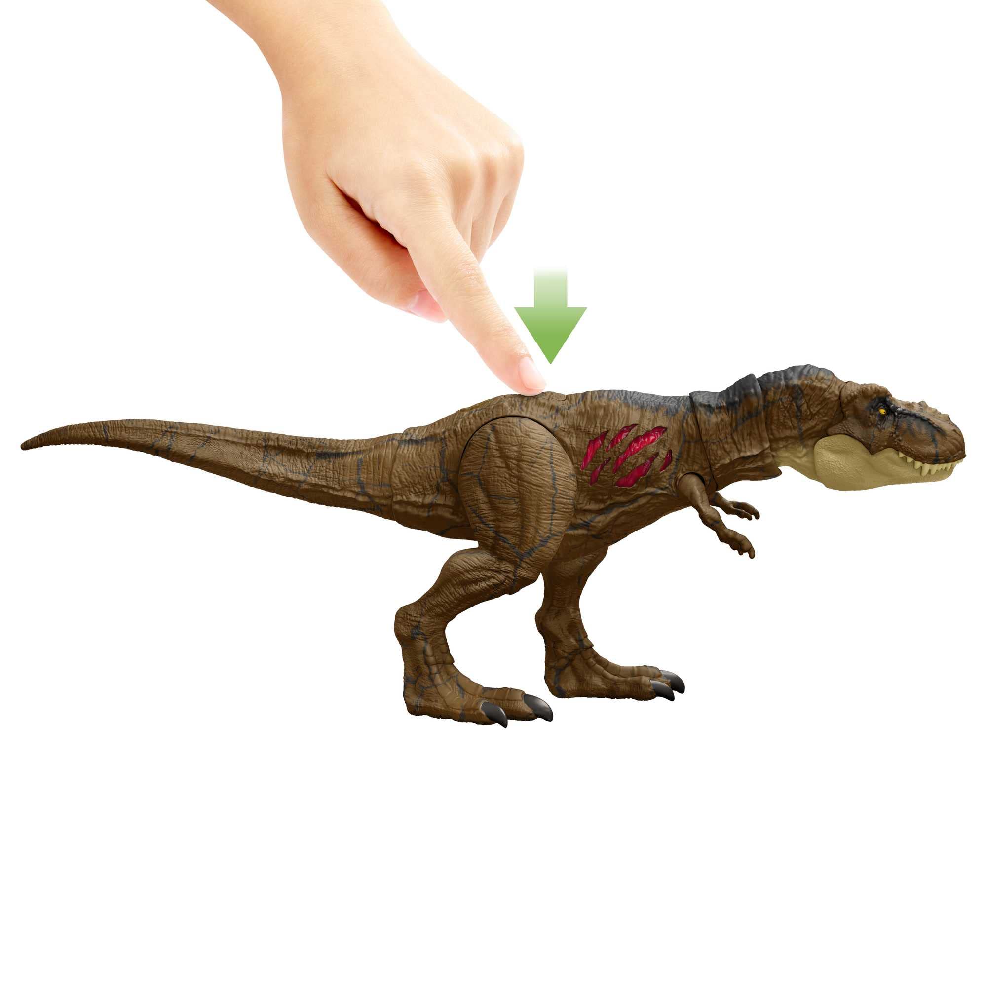 Mattel Jurassic World T-Rex showing movable jaws for action poses.