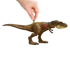 Mattel Jurassic World T-Rex features scratches on both sides for authentic look.