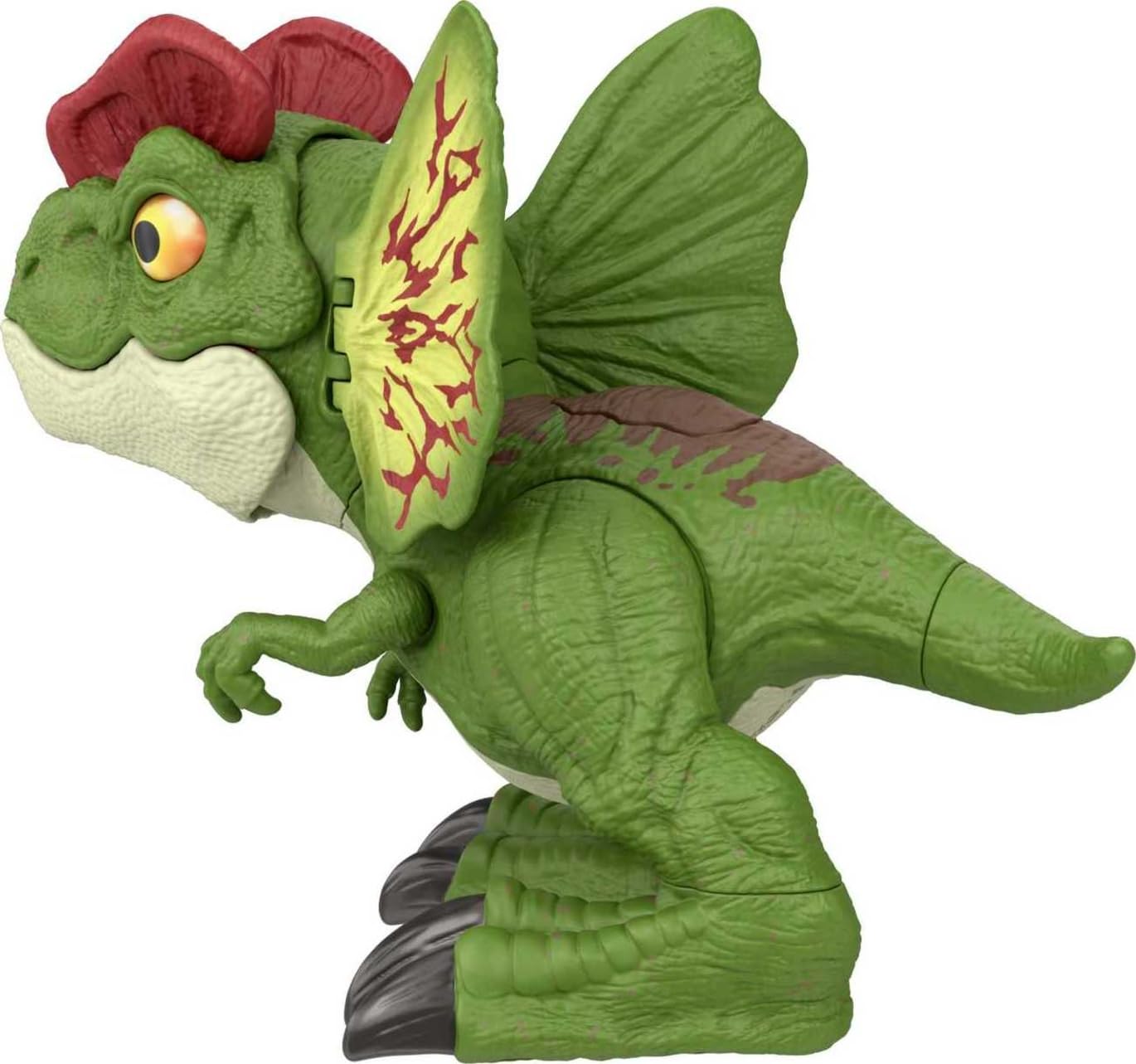Mattel Jurassic World Uncaged Dilophosaurus colorful frill colors mirror classic look.