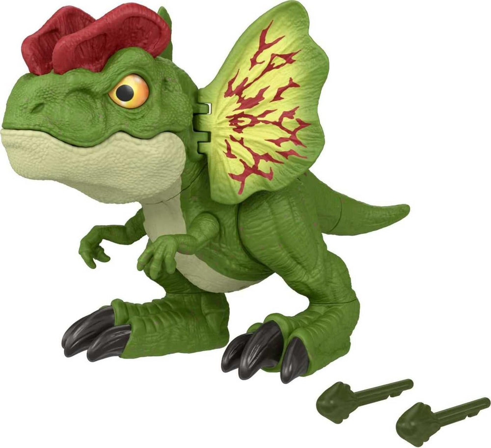 Mattel Jurassic World Uncaged Dilophosaurus frill opens for dramatic play.