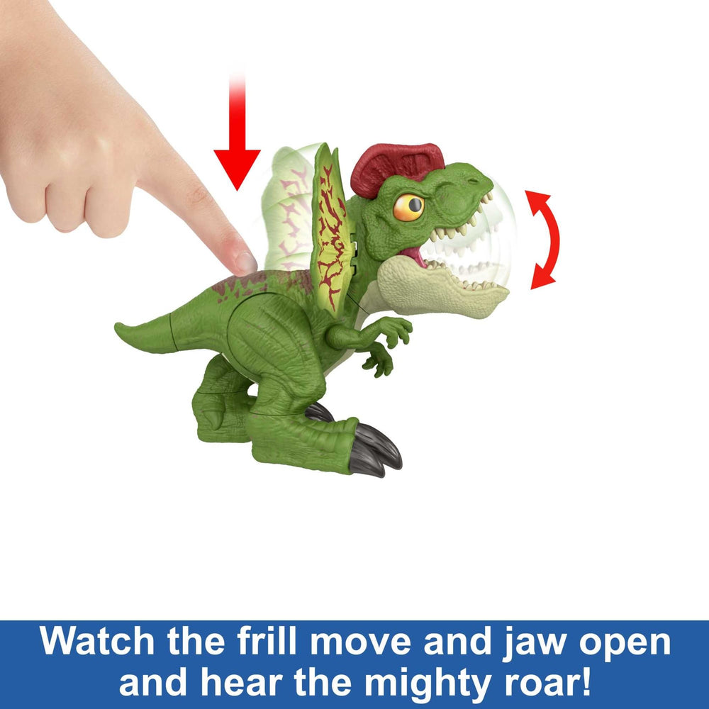 Mattel Jurassic World Uncaged Dilophosaurus is about eight inches long for easy handling.