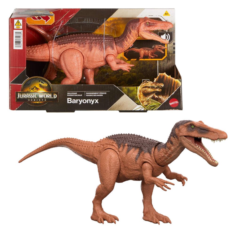 Mattel Jurassic World Wild Roar Baryonyx front view for dynamic play and display.