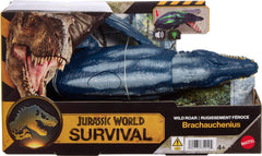 Mattel Jurassic World Wild Roar Brachauchenius packaging displays for collectors.