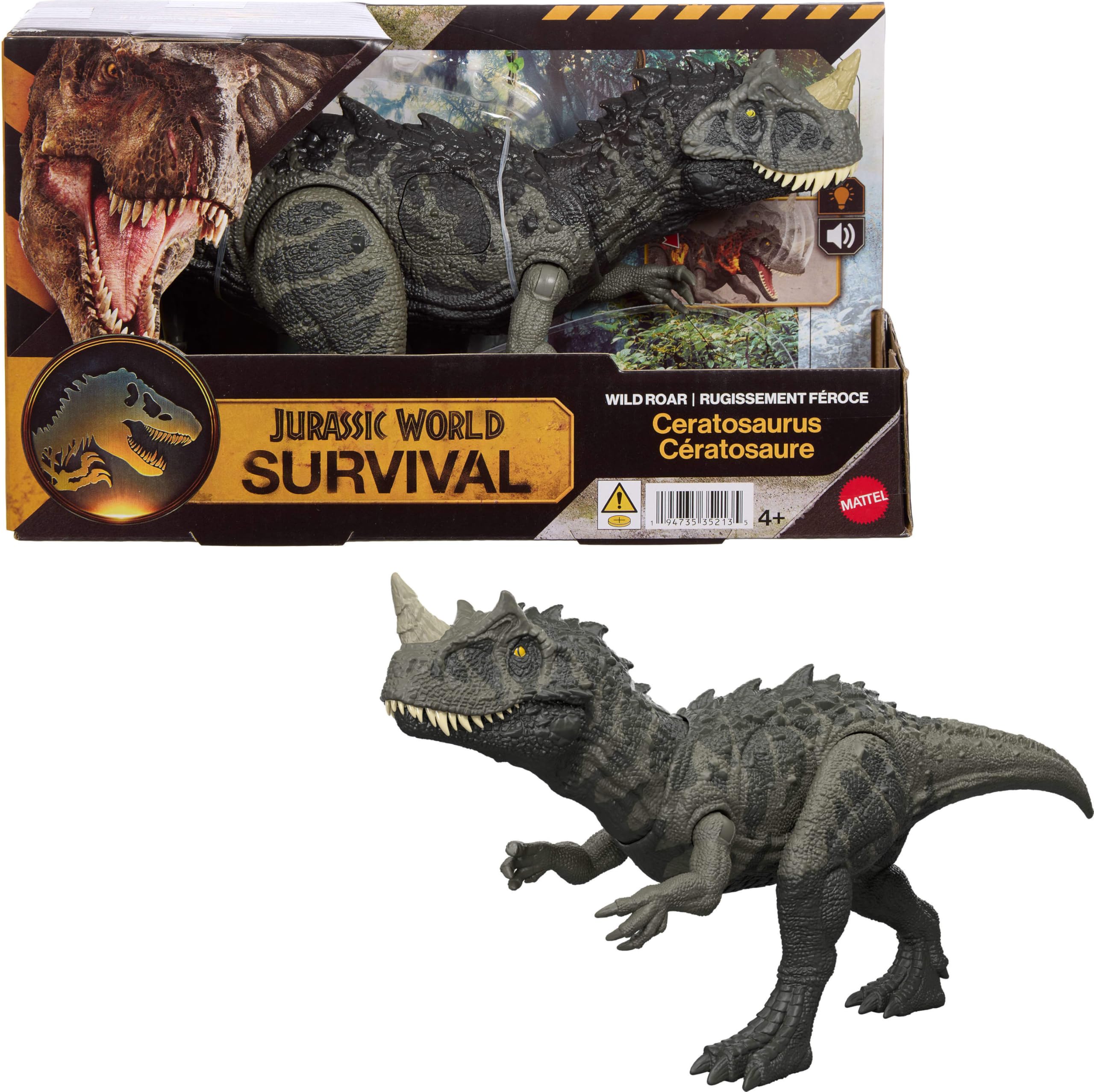 Mattel Jurassic World Wild Roar Ceratosaurus attack motion for action-packed play.