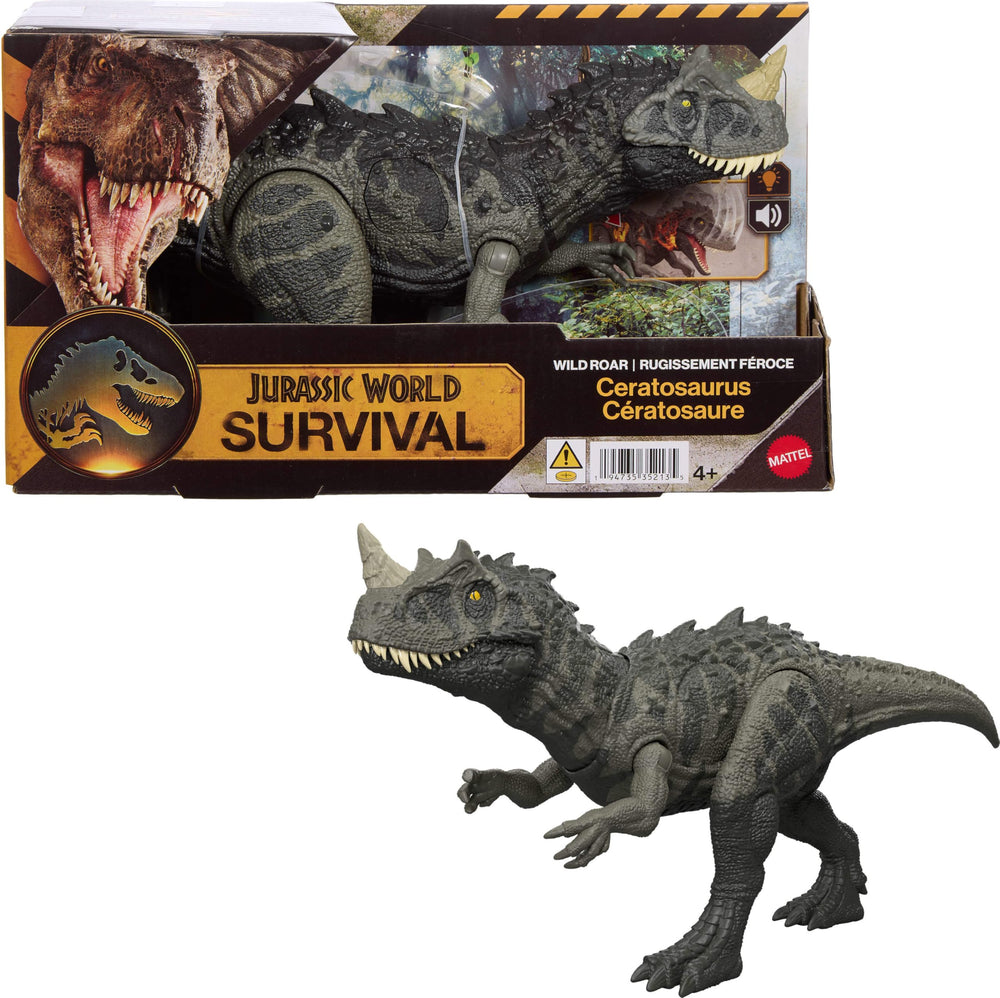 Mattel Jurassic World Wild Roar Ceratosaurus attack motion for action-packed play.