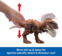 Mattel Jurassic World Wild Roar dinosaur performing tail attack for varied moves.