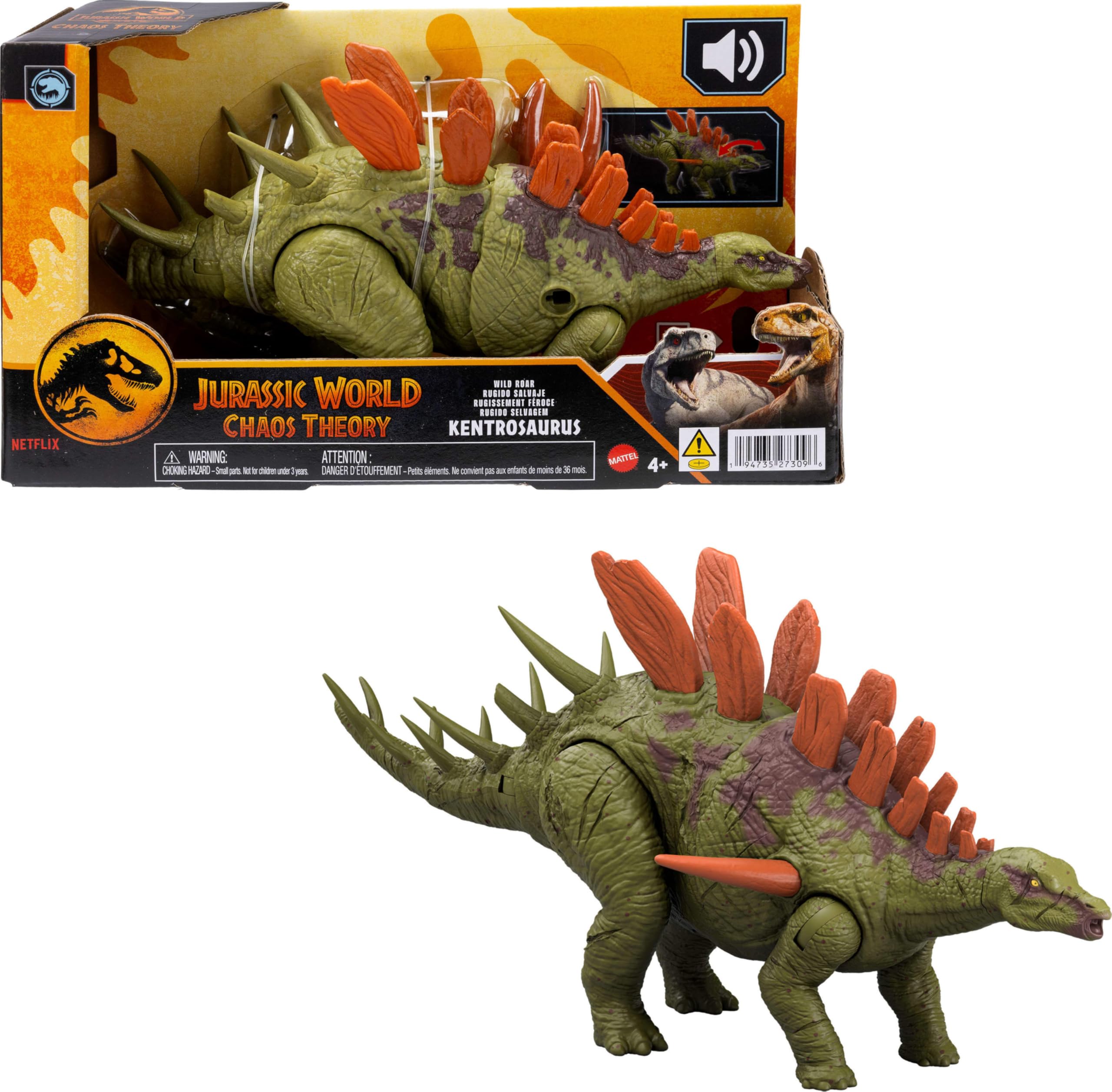 Mattel Jurassic World Wild Roar dinosaur toy attack shows dynamic head strike action.