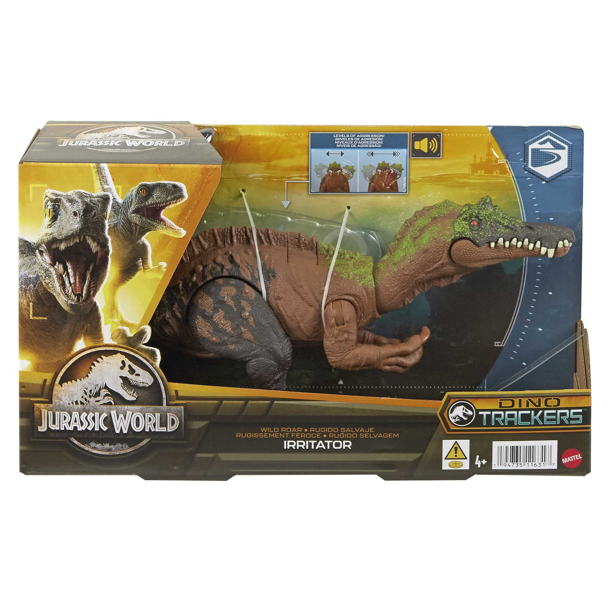 Mattel Jurassic World Wild Roar Irritator packaging and figure for excitement.