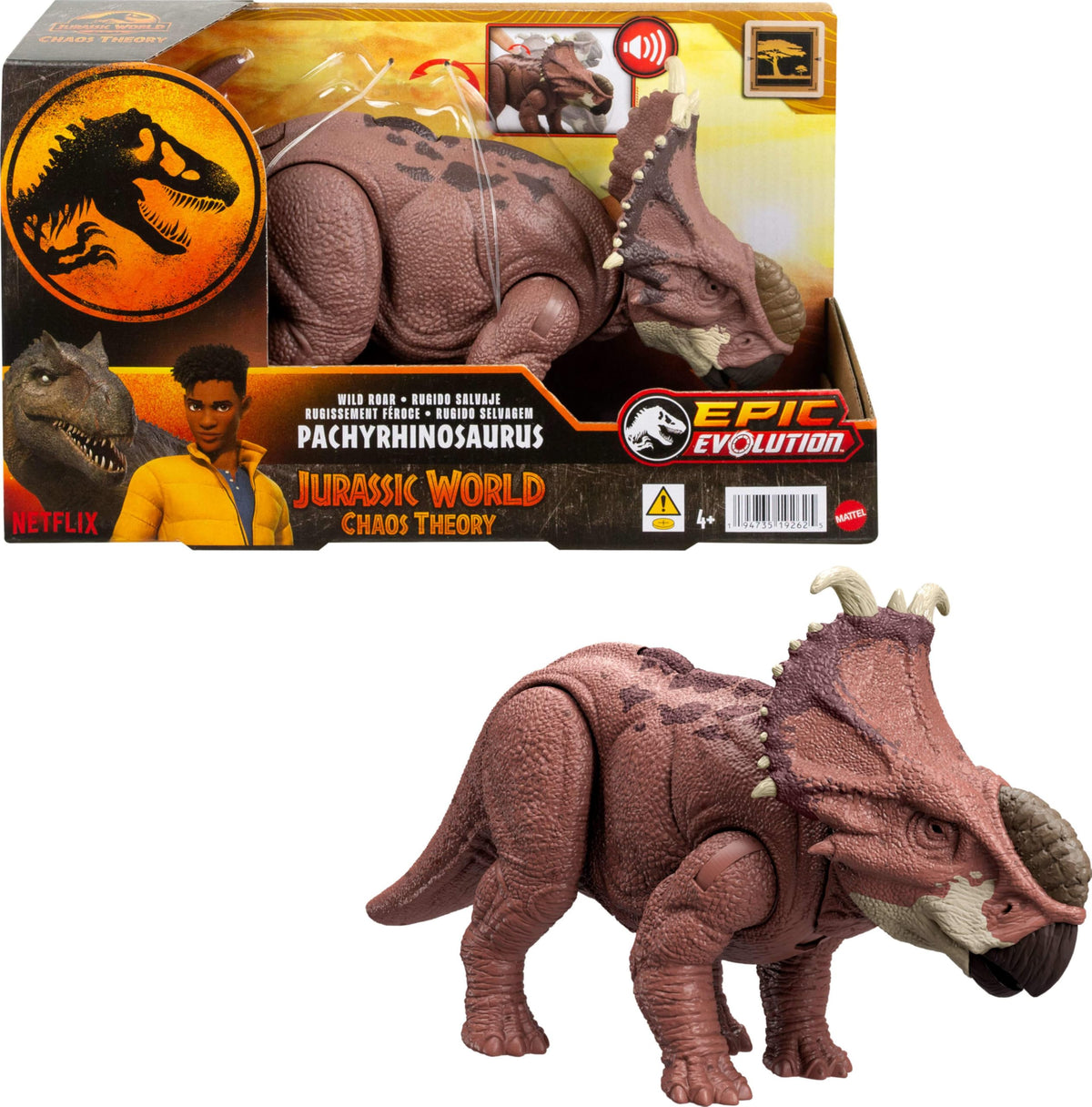 Mattel Jurassic World Wild Roar Pachyrhinosaurus dual-head strike action for dynamic battles.