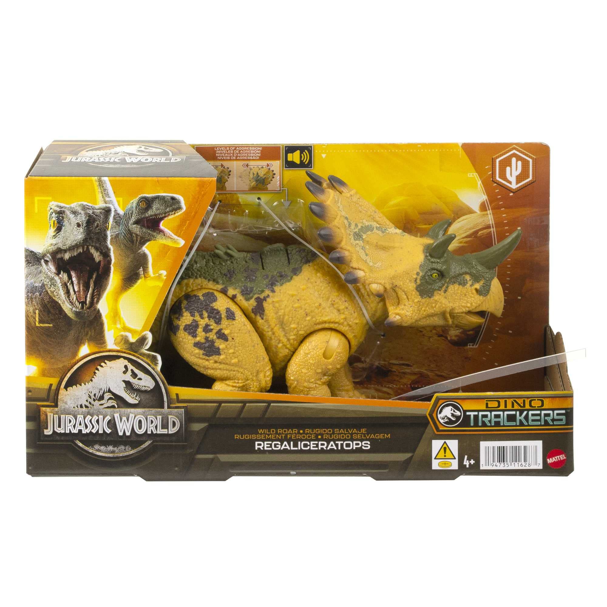 Mattel Jurassic World Wild Roar Regaliceratops has movable joints for varied poses.