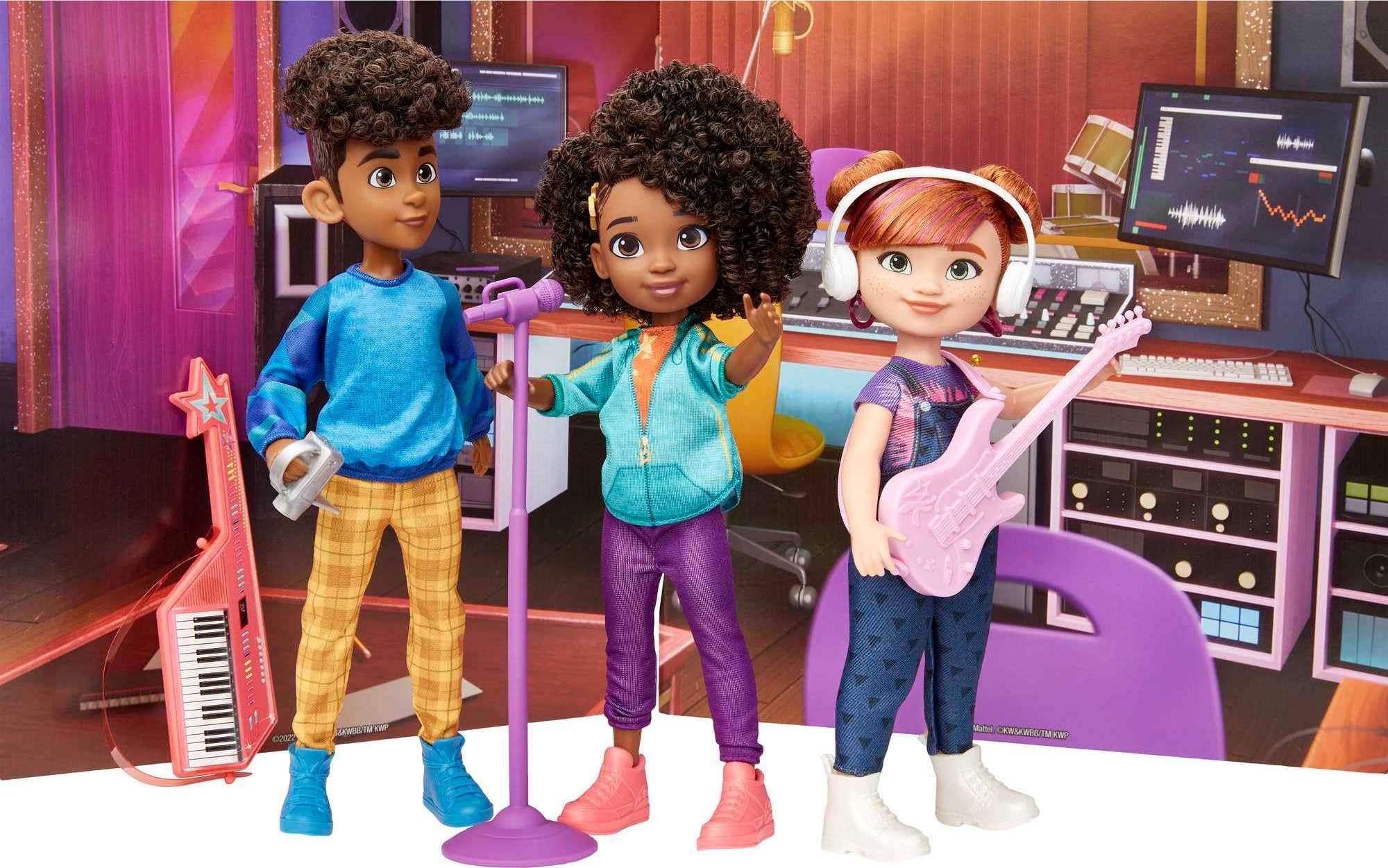Mattel Karma's World mic stand accessory enhances pretend performances.