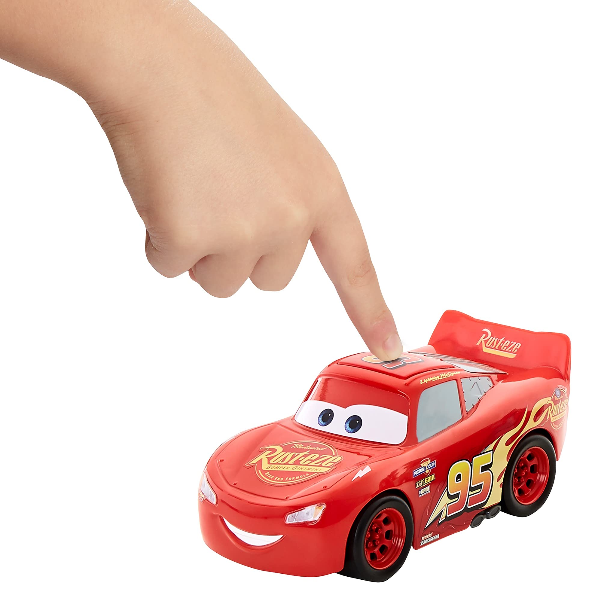 Side-detail view of Mattel Disney Cars McQueen with authentic character styling.