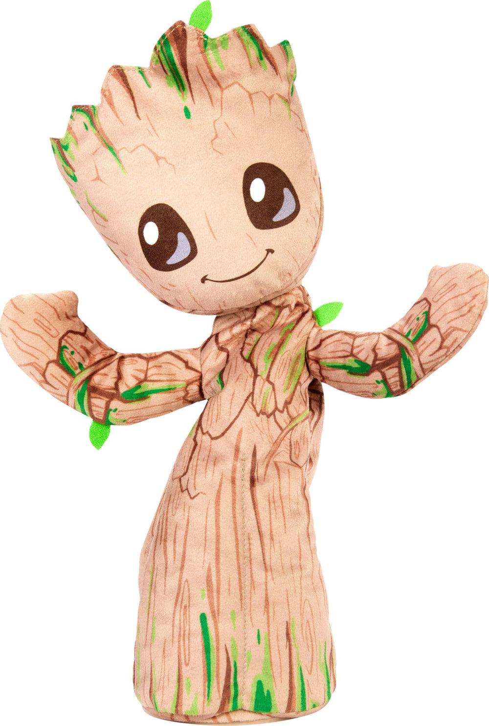 Mattel Marvel Dancing Groot plush stands 13 inches tall in soft brown plush, ideal for imaginative play.