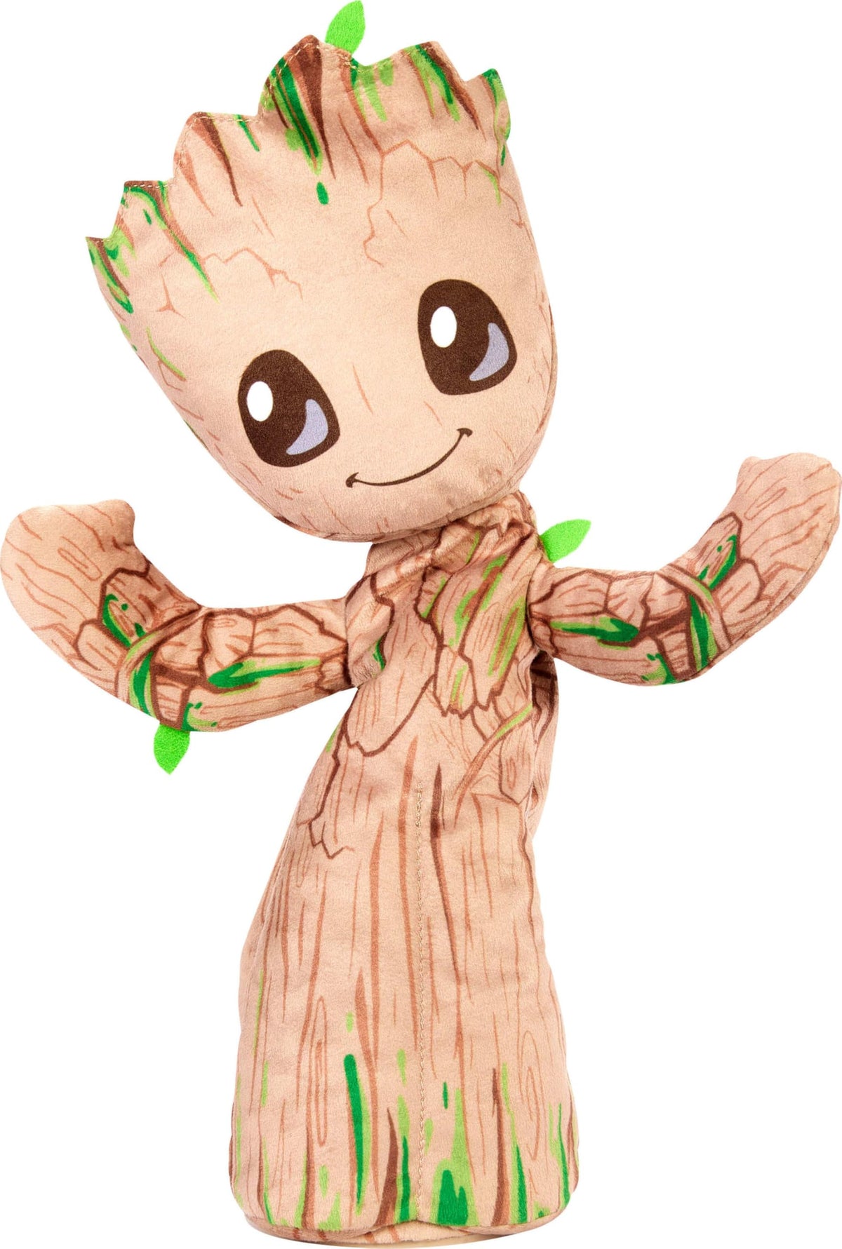 Mattel Marvel Dancing Groot plush stands 13 inches tall in soft brown plush, ideal for imaginative play.