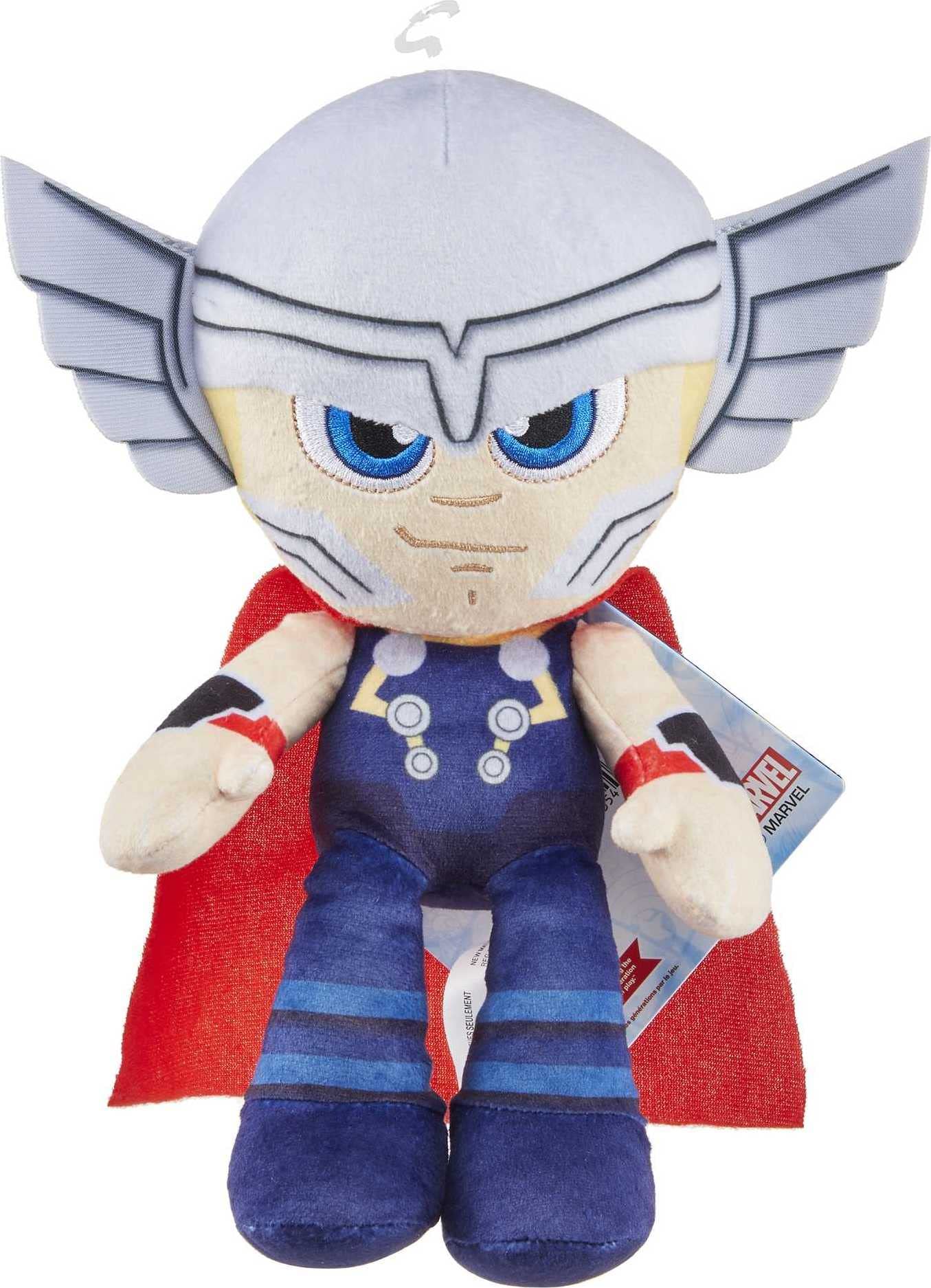 Collectible details emphasize metallic shimmer and boots on the Thor plush.