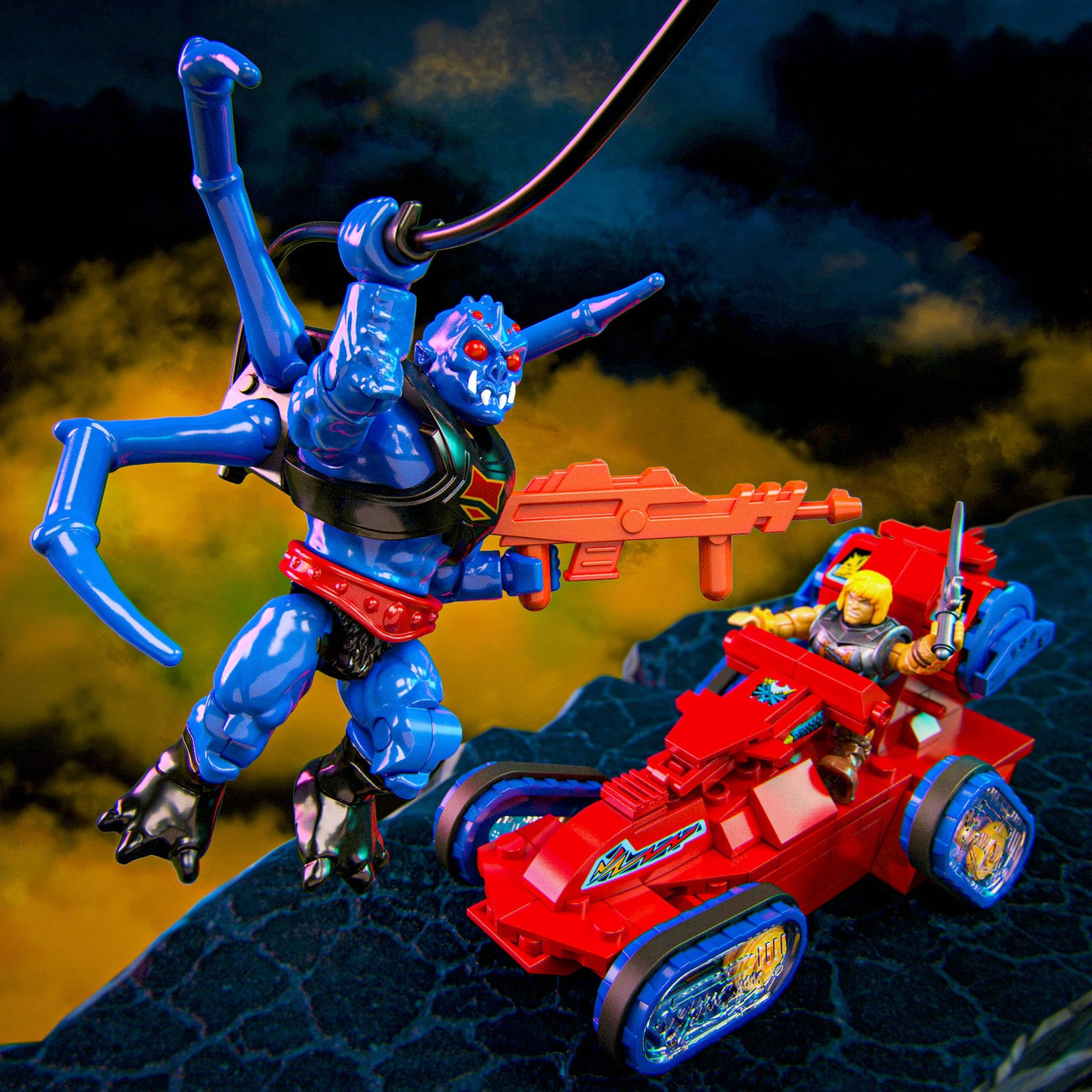 Mattel Mega Eternia Battleground Attak Trak wheels image enable mobility and chase sequences.