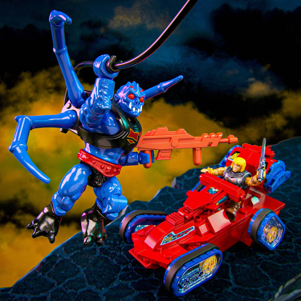 Mattel Mega Eternia Battleground Attak Trak wheels image enable mobility and chase sequences.