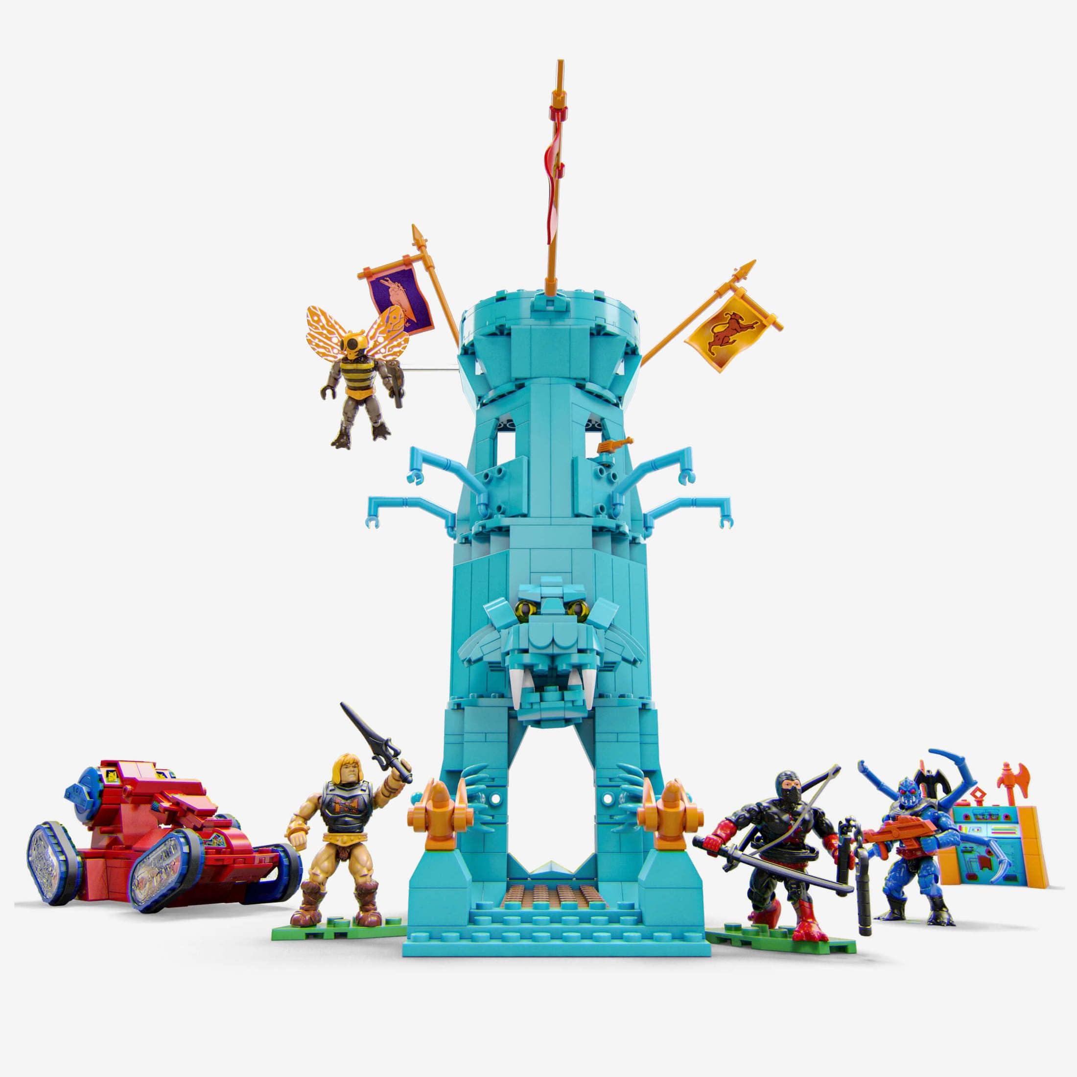 Mattel Mega Eternia Battleground Three-Story Tower image provides indoor outdoor play zones.