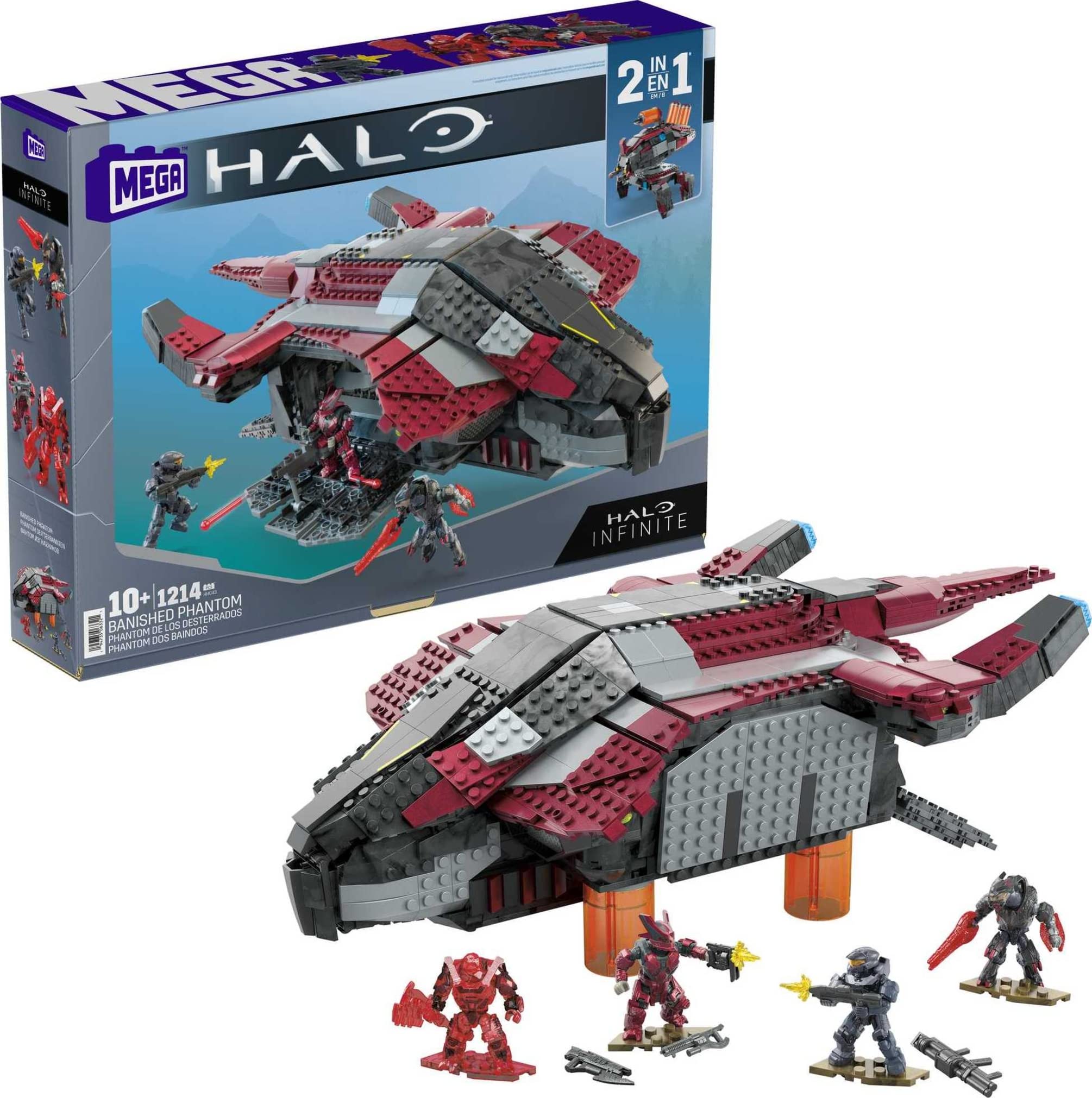 Mattel MEGA Halo Phantom dropship foldout roof enables cockpit access and play.