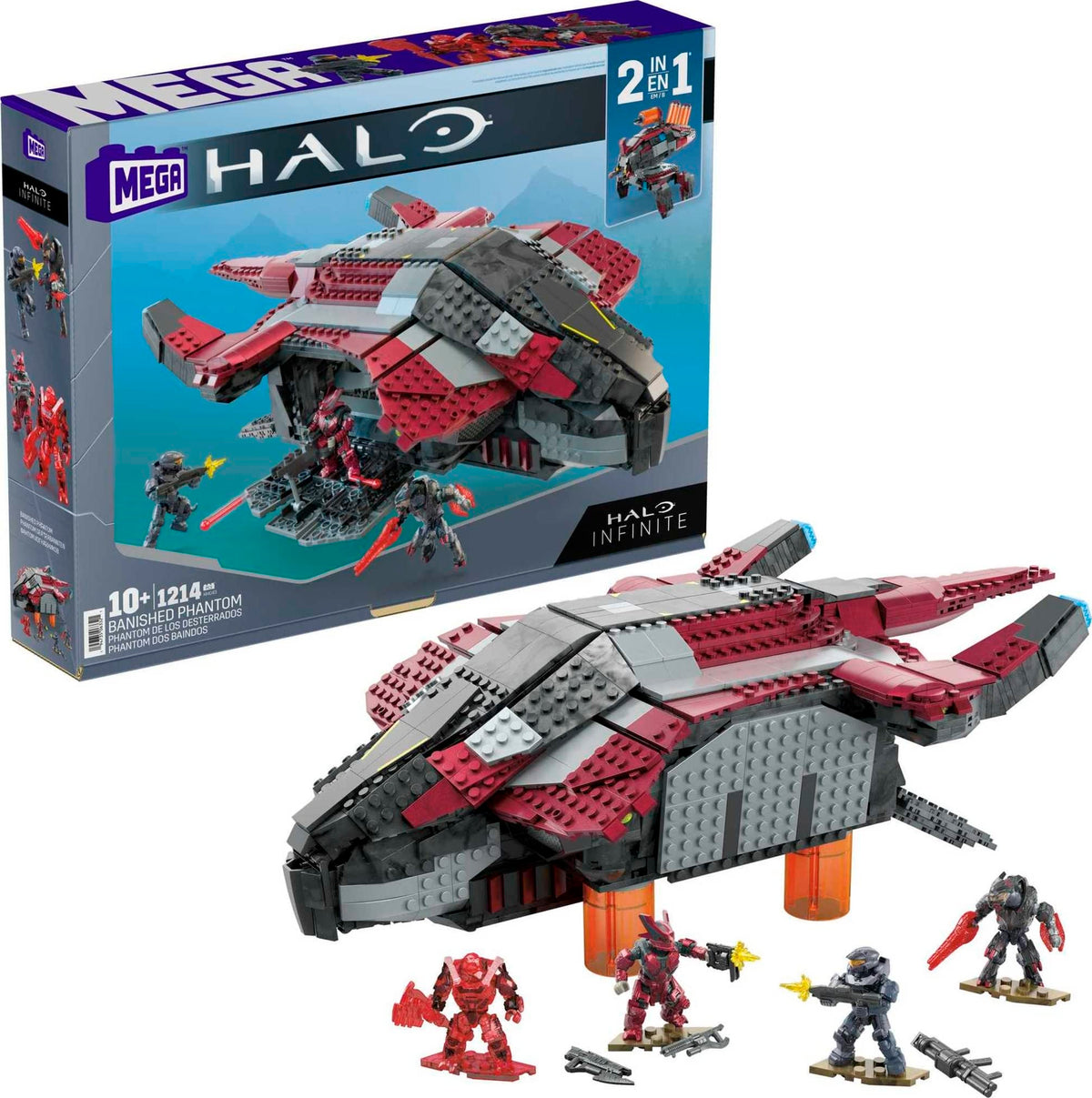Mattel MEGA Halo Phantom dropship foldout roof enables cockpit access and play.