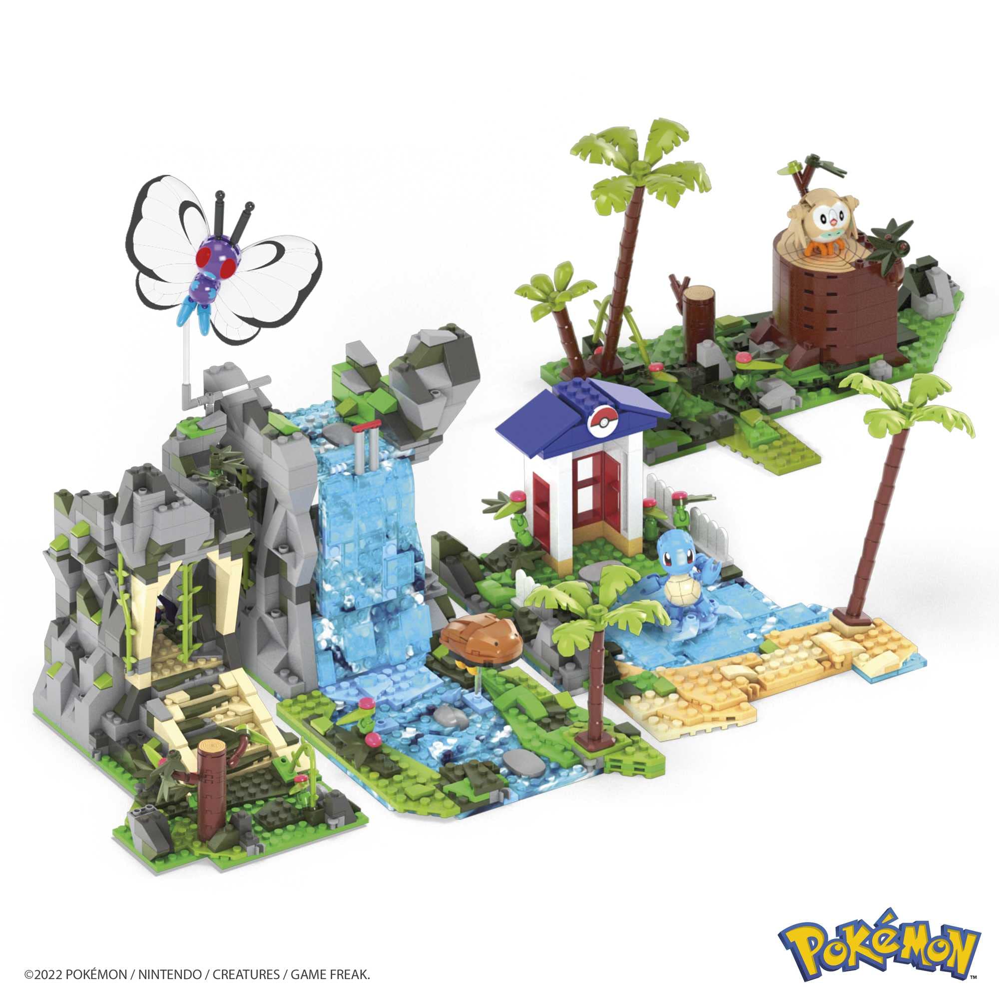 Mattel MEGA Pokémon Jungle Voyage waterfall mountain area encourages dynamic play and discovery.
