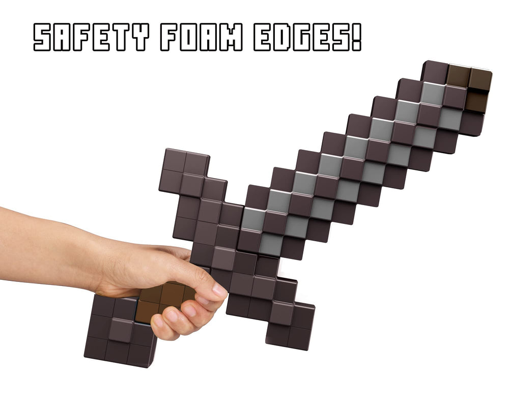 Mattel Minecraft Deluxe Netherite Sword foam material emphasizes safety during play.