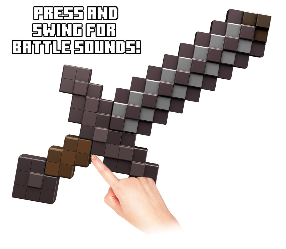 Mattel Minecraft Deluxe Netherite Sword pixel-styled blade reflects Minecraft aesthetics.