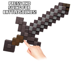 Mattel Minecraft Deluxe Netherite Sword pixel-styled blade reflects Minecraft aesthetics.