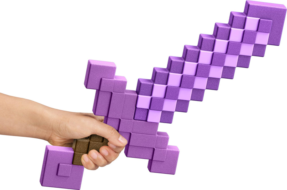 Mattel Minecraft Enchanted Sword close-up reveals pixel design authenticity.