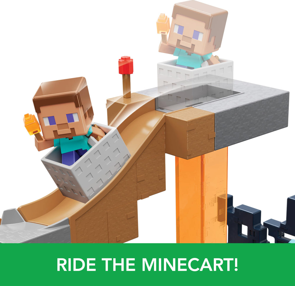 Minecart ride action captured in Mattel Minecraft Mini Mode set