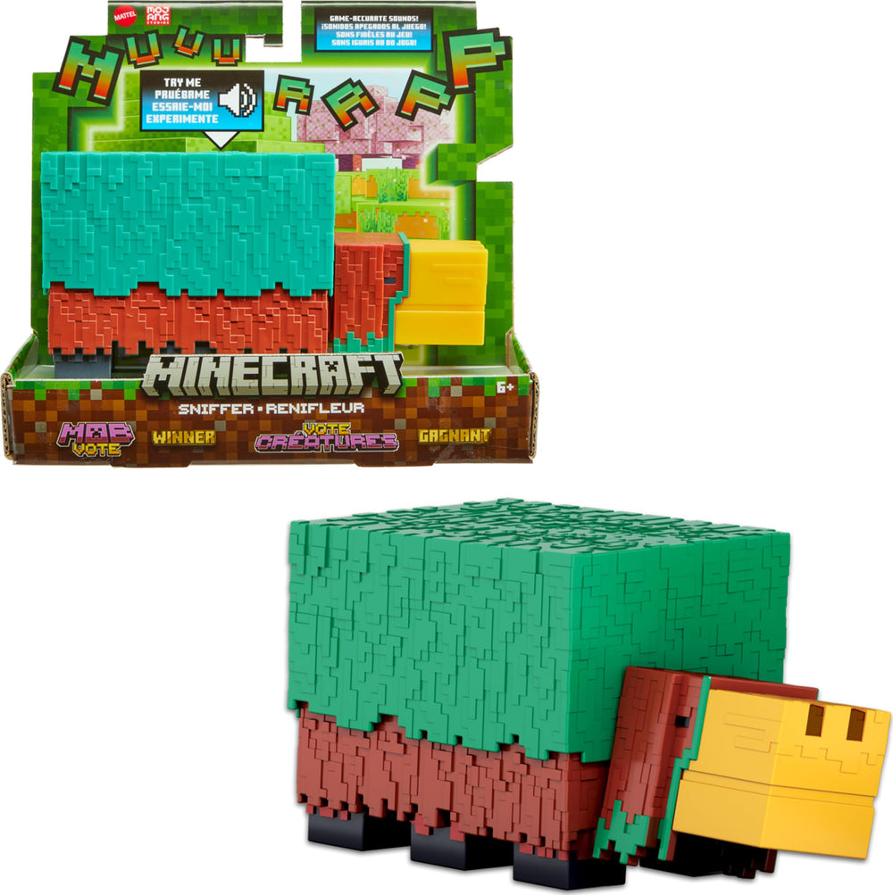 Mattel Minecraft Sniffer action figure front view, pixelated charm for imaginative play.