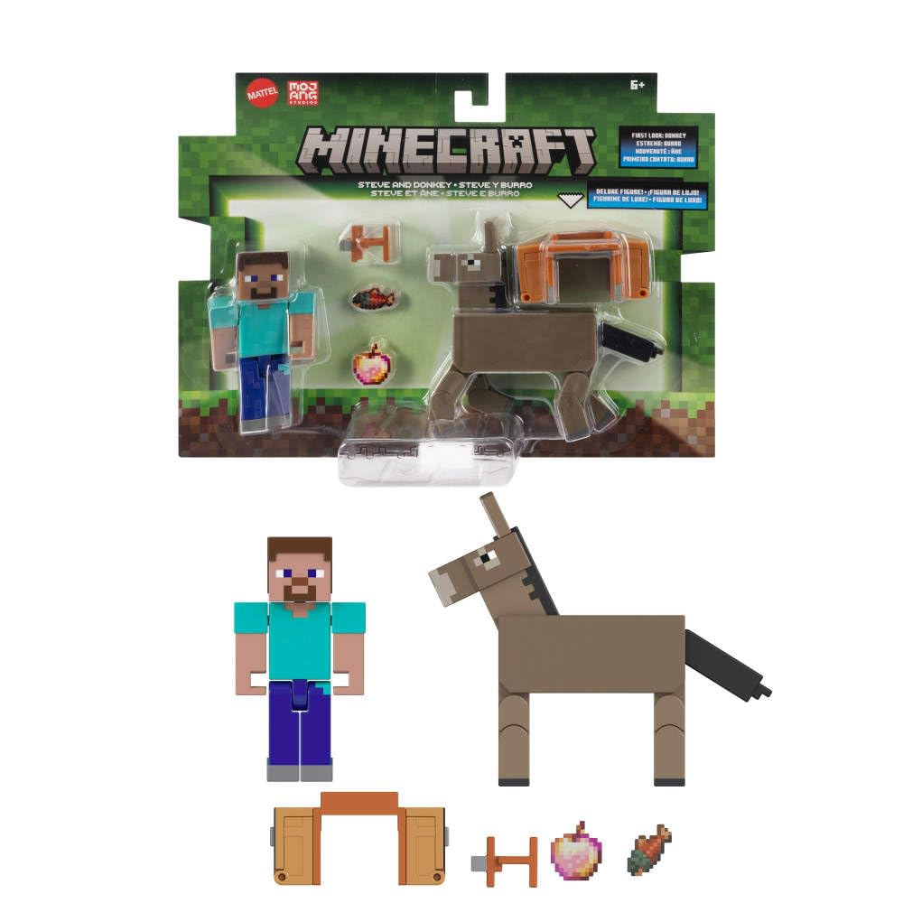 Mattel Minecraft Steve & Donkey 2-pack front view for display and imaginative play.