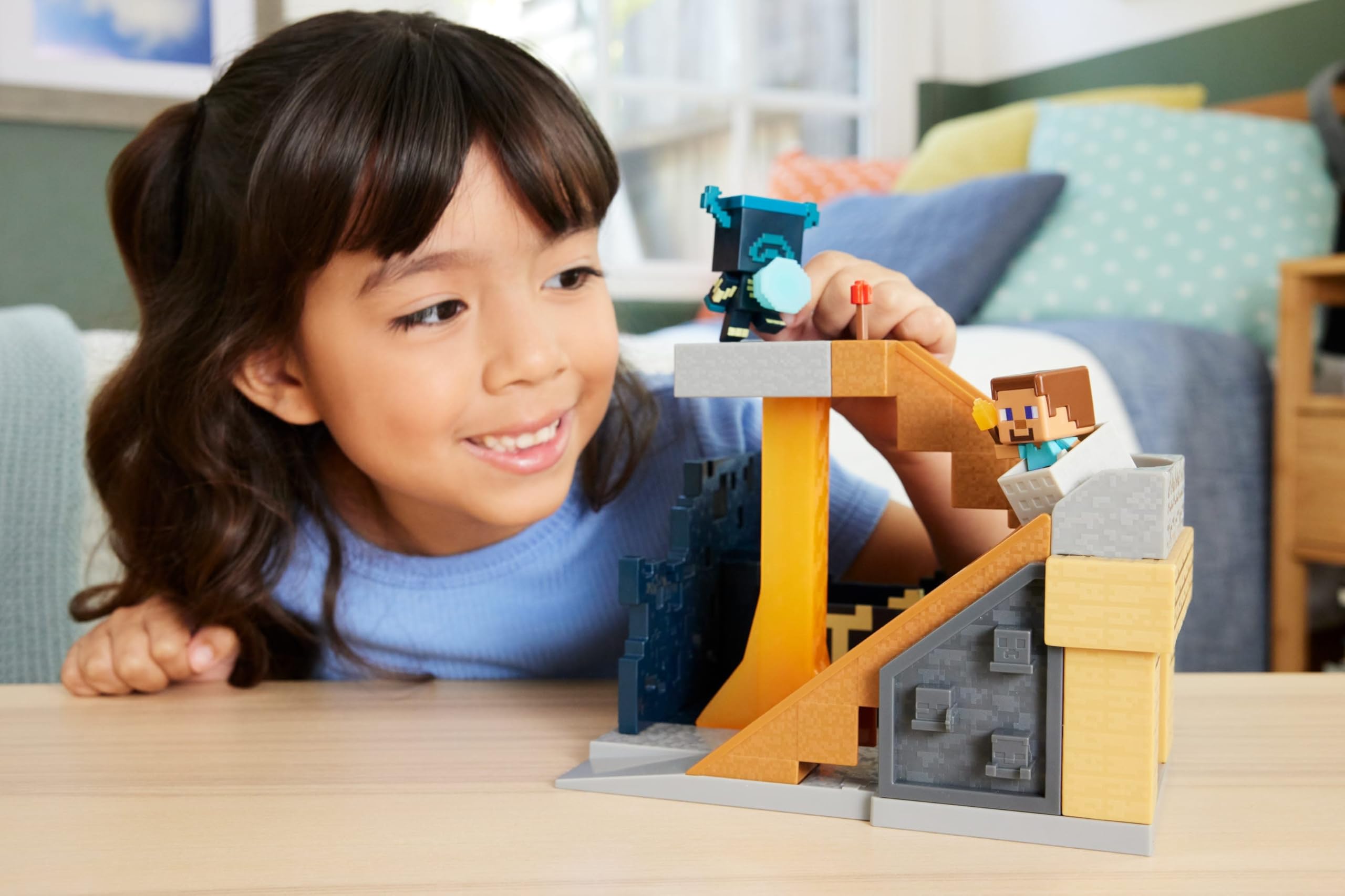 Steve mini figure from Mattel Minecraft Playset ready for minecart adventures