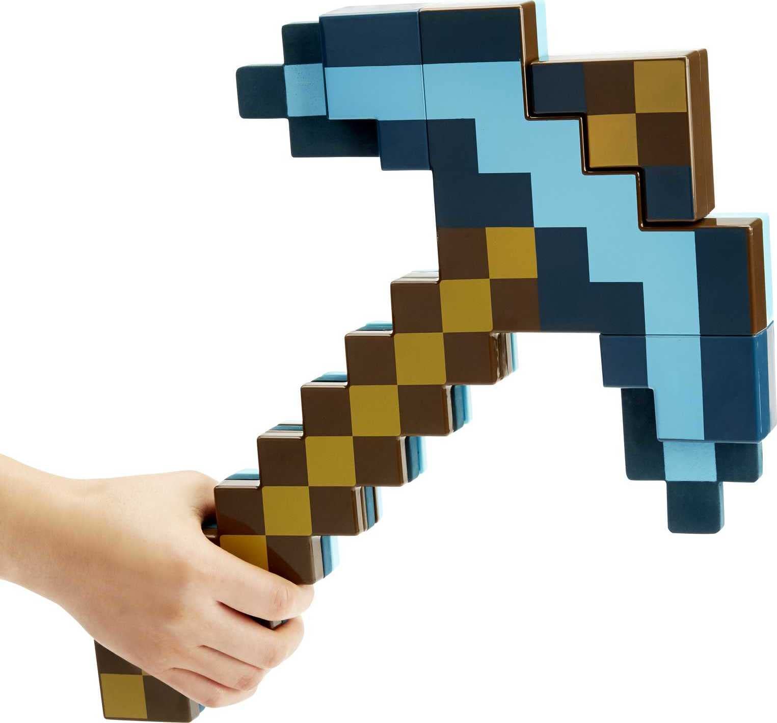 Mattel Minecraft sword and pickaxe set held in hands offers sturdy, immersive play.