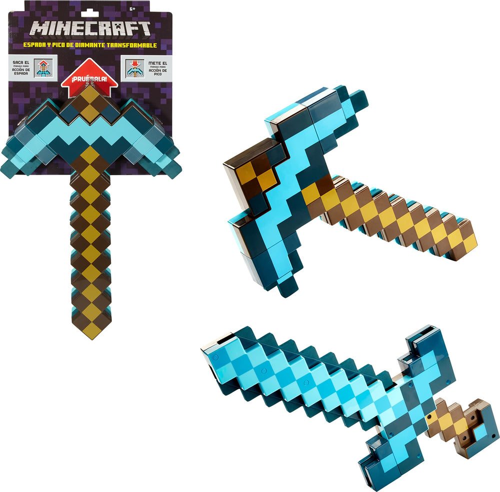Mattel Minecraft sword and pickaxe set demonstrates dynamic transforms from tool to weapon.